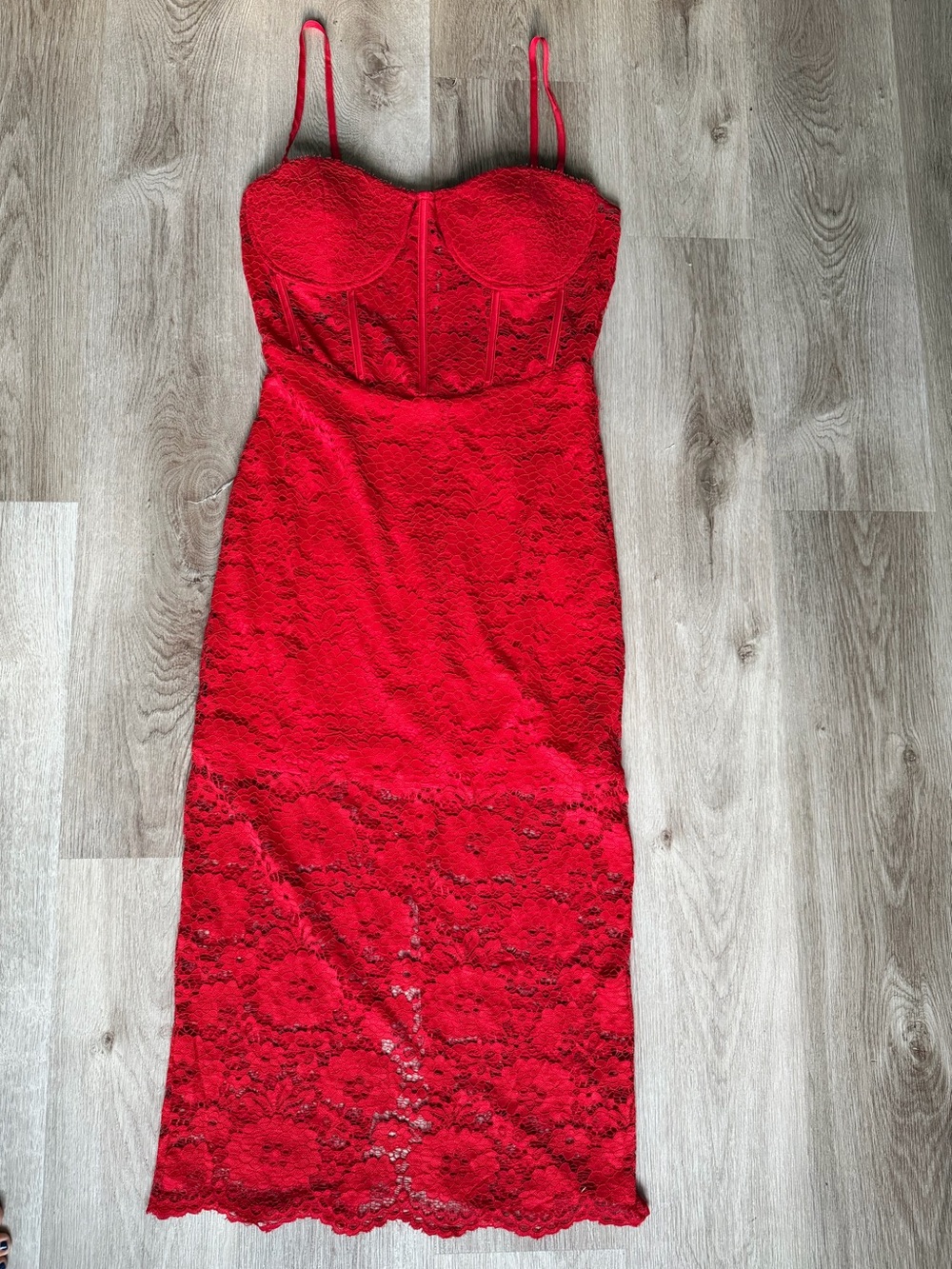 Bebe Red Lace Corset Midi Dress Bustier Boned Bodycon Large - Picture 2 of 8